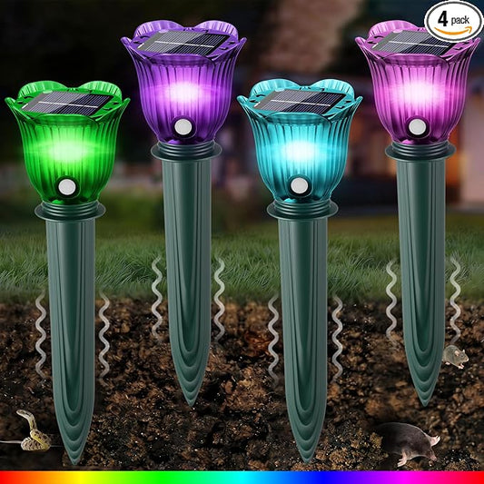 4 Pack Solar Ultrasonic Animal Repellent with RGB Color-Changing Lights, Pest 360° Sonic Deterrent for Outdoor Lawn & Garden, Solar Powered Mole, Snake & Gopher Repellent Stakes (Petal Style)