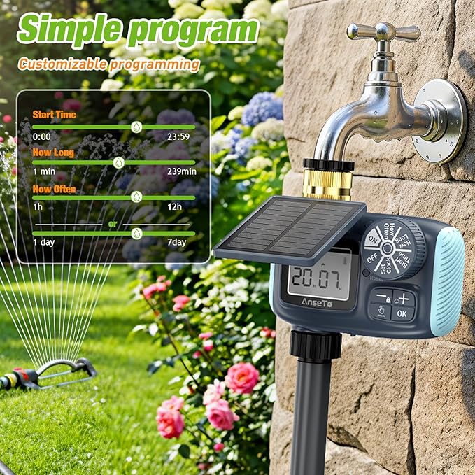 Solar Sprinkler Timer, Solar & Type-C Rechargeable Water Timer for Garden Hose, Programmable Faucet System with Rain Delay/Manual/Auto Mode, Digital Irrigation Controller for Lawn/Yard/Pool