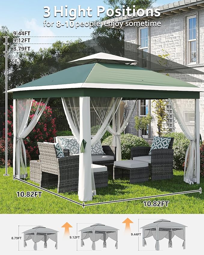 Garveelife 11x11 Pop Up Gazebo Tent with Mosquito Netting, Outdoor Canopy Shelter Easy Setup, Water & UV Resistant - Green