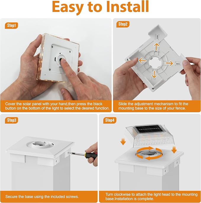 APONUO Solar Post Cap Lights, 3 Color Modes & 2 Brightness, Adjustable Base Fits 4x4 5x5 6x6 Posts (3.5-5.5 Inch), IP65 Waterproof, Deck & Fence Post Lights Solar Powered with Screws, White, 4 Pack