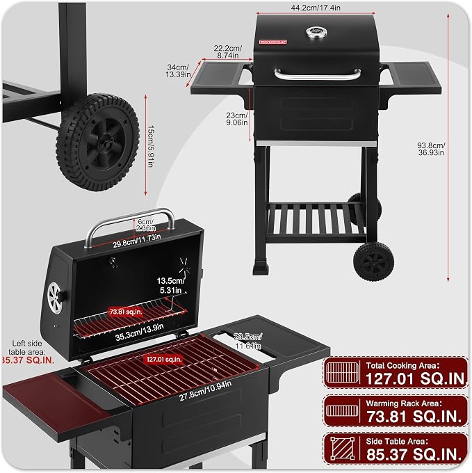 Small Charcoal Grill, 200.82 Sq.In Outdoor BBQ Grill with Side Tables, Built-in Thermometer, 3-Level Adjustable Charcoal Pan, Removable Ash Tray, Compact Patio Grill with Wheels