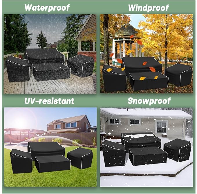 Gasadar Outdoor Furniture Cover Waterproof, 4 Piece Patio Furniture Covers for Patio Loveseat, Chair and Coffee Table, Heavy Duty 600D, Black