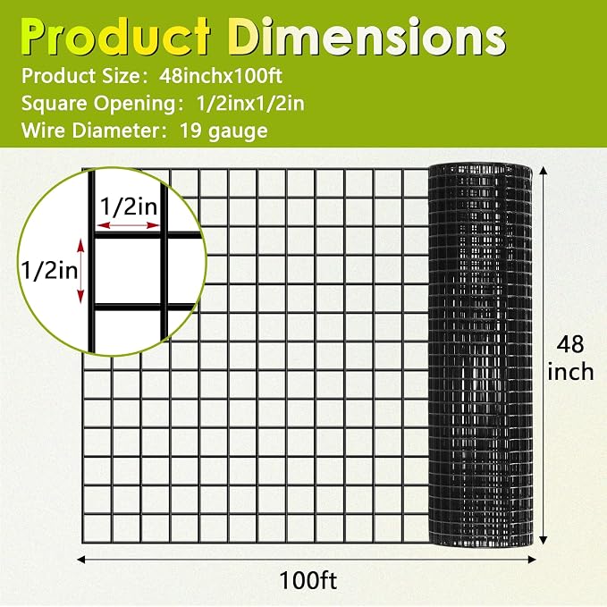 Gbekery Black Hardware Cloth 1/2inch 48in x 100ft 19 Gauge, PVC Coated Galvanized Steel Chicken Wire Fence Roll Garden Plant Welded Metal Wire Fencing Roll, Rabbit Cages Snake Fence, Black