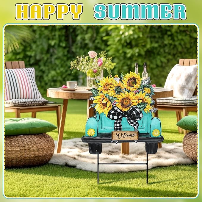 Weysat Sunflowers Yard Sign 13.7 Inch Sunflowers Metal Decoration Outdoor Summer Decoration for Home Outdoor Summer Truck Yard Decor with Stakes Waterproof for Garden Patio Lawn Party Walkway Decor