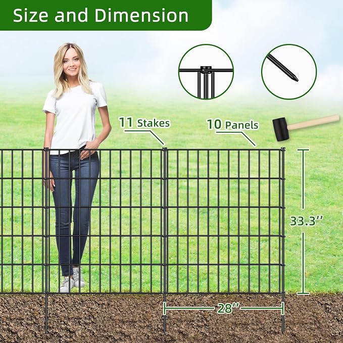 FOREHOGAR Metal Garden Fence 33.3in (H) x 23.3ft (L), 10 Panels + 11 Stakes Dog Fence Border Fence Animal Barrier, No Dig Garden Fencing for Yard Flower Bed Lawn Patio Outdoor, PIN332810 Black