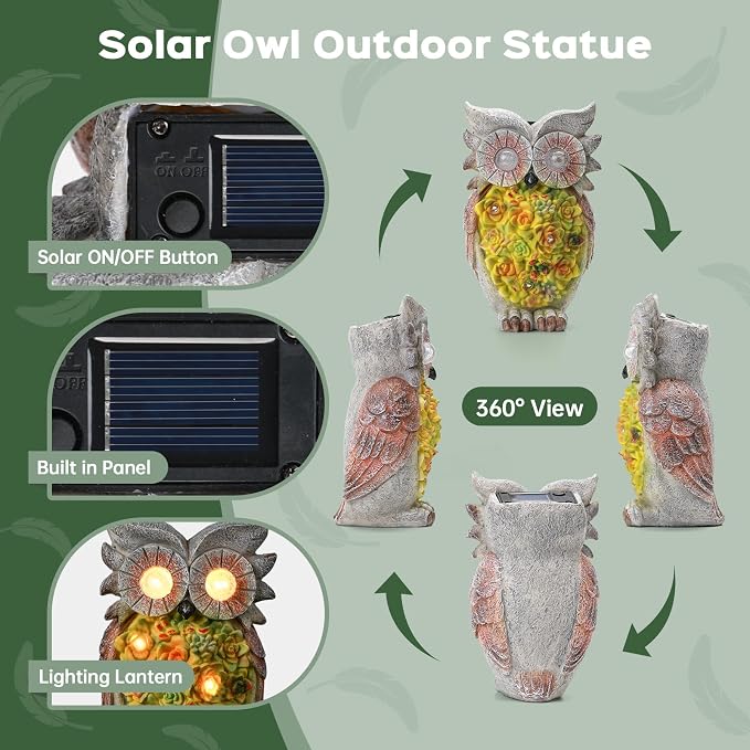 Solar owl Garden Statues Outdoor Decor, Resin Owl Figurine Decorations with Solar Light, Whimsical Owl Sculpture for Patio, Balcony, Yard, Lawn Ornament, Perfect Garden
