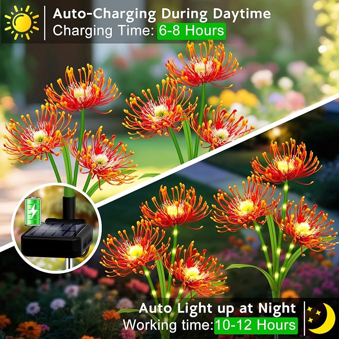 Solar Garden Flower Lights Outdoor,6 Pack Orange Spider Lily Lights with Glowing Stems,Waterproof Fall Decor Solar Yard Decor for Patio Lawn Pathway,Thanksgiving Garden Gifts for Women Mom Grandma