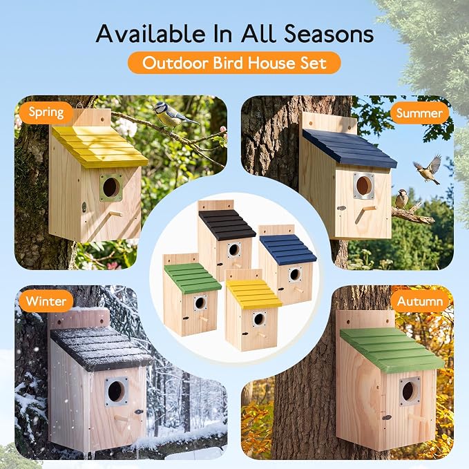 Marsui 4 Pcs Wood Bird Houses for Outside Blue Bird Houses Set with Pole Swallow Birds House with Metal Guards, Safety Locks, Flight Slots, & Ventilation for Bluebirds, Wrens, Finches