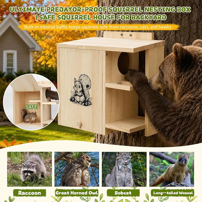 Large Widened Squirrel House for Outside, Waterproof Squirrel Nesting Box | External Platform & Porch, Anti-Predator Squirrel Box for Backyard, Solid Pine Wood, Easy to Assemble, DIY, 16×14.5×8 Inch