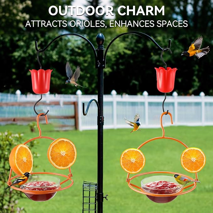 Metal Oriole Feeders for Outdoors Hanging with Ant Moat and Fruit Holder, Oriole Feeder with Glass Bowl, Easy to Disassemble and Wash, Bird Feeder for Garden, Outdoor, Gift (1 Pack, Orange)