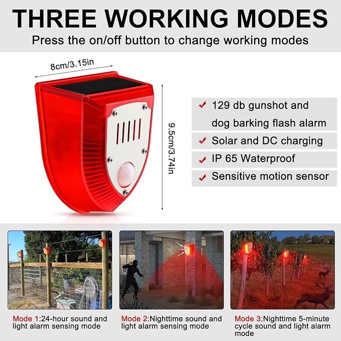 Qualirey 8 Pcs Solar Alarm Motion Detector with Sound Outdoor Motion Sensor 129db Barking Dog Strobe Light Gunshot Sound Alarm Detector Noise Maker Warning Lamp for Home Villa Yard Farm