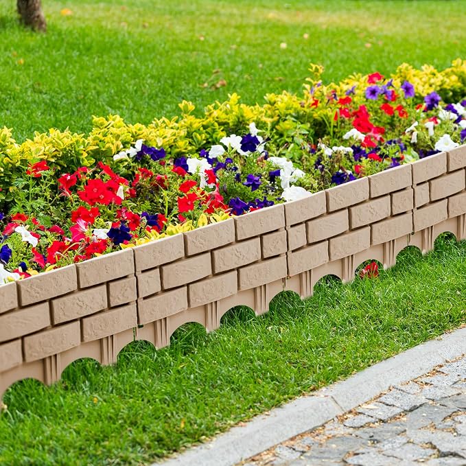 Landical 12 Pcs Imitation Stone Garden Fence, Faux Stone Retaining Wall Look Garden Bricks Border with Ground Stakes, 17.3 x 12.6 in Gray Plastic Edging Blocks for Flower Beds, Lawn, Mulch (Yellow)