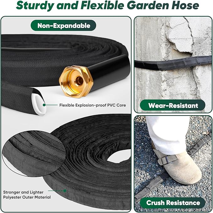 Toolasin Garden Hose 50 FT, Non-Expanding, Lightweight Water Hose with 3/4", Easy Storage, Portable and Flexible Kink-Free PVC Inner Core, 500 PSI Burst Strength Outdoor Hose for Garden, Yard and Lawn