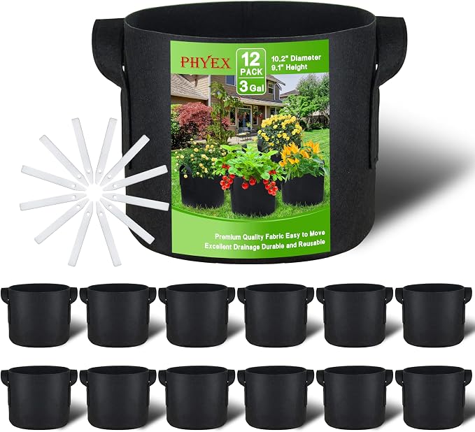 12-Pack 3 Gallon Grow Bags, Heavy Duty Fabric Pots with Handles, Reusable Plant Bags for Vegetable, Herbs & Flowers, BPA-Free, Breathable, Durable