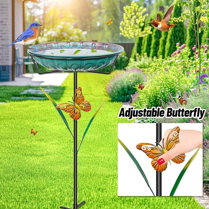 Metal Bird Bath for Outside, 35In Freestanding Birdbath with 5-Pronged Sturdy Base, Removable Easy Clean Birdfeeder Bowl with Butterfly & Leaf for Outdoors Garden Patio Yard Lawn Decor(Blue)