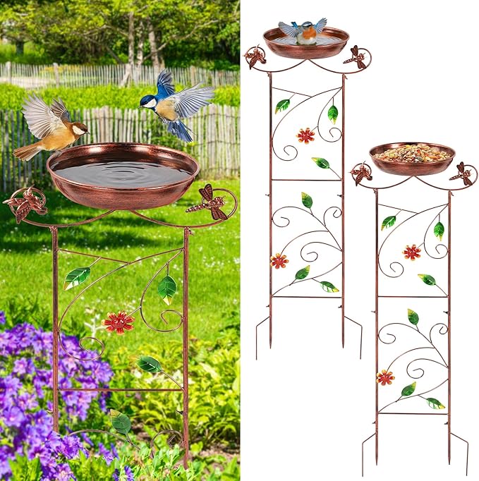 2 Pack Bird Bath for Outside Garden Trellis for Climbing Plants with Hummingbird Decor Small Garden Plant Support Bird Baths Feeder Bowl for Garden Decor Patio Lawn