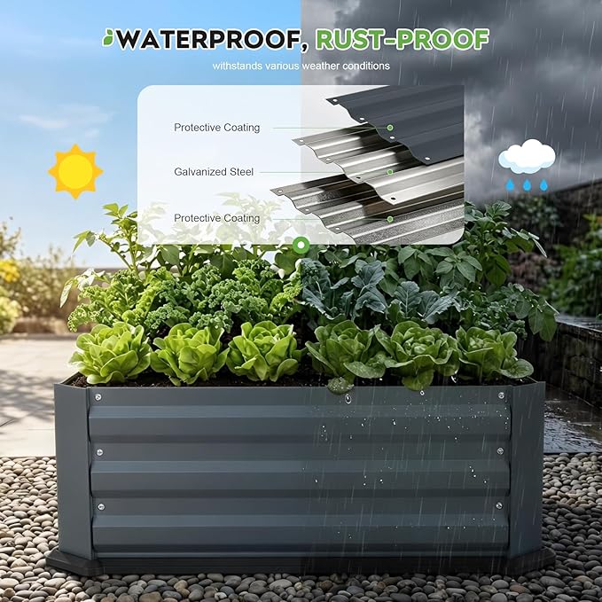 2 Pcs Galvanized Raised Garden Bed with Bottom, Indoor Metal Raised Garden Beds, Easy Assembly No leaks & Rust-Proof Flower Bed, Outdoor Planter Box for Vegetables, Herbs, Patio, Balcony, Grey