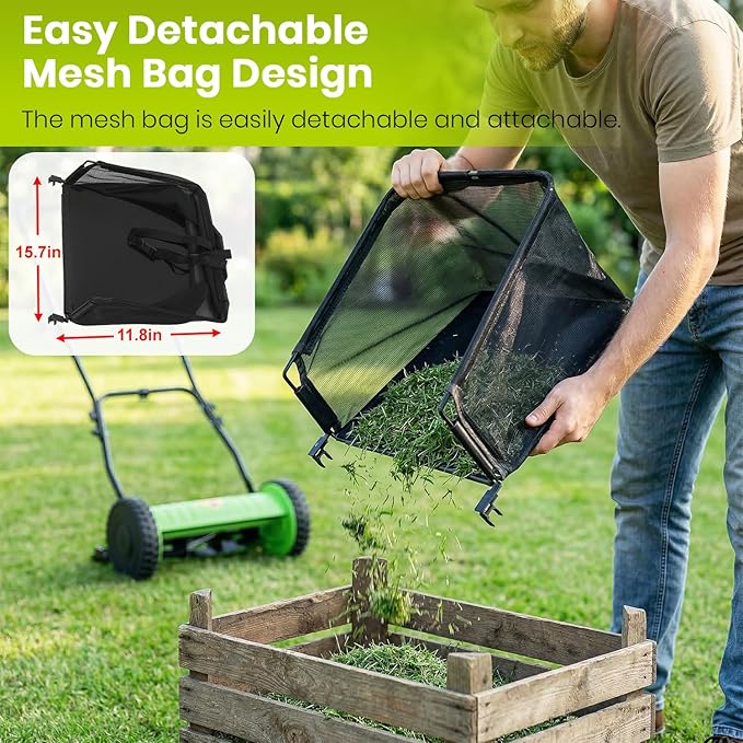 FDW 15-Inch Manual Push Reel Lawn Mower with 5 Steel Blades, Adjustable Cutting Height & Grass Catcher – Cordless, Eco-Friendly Yard and Garden Cleaner