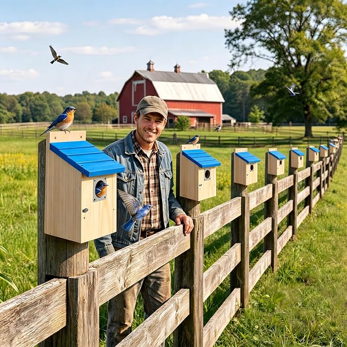 Dreyoo 8 Pack Bluebird Houses for Outside with Metal Predator Guard, 1-1/2" Entrance Hole Wooden Blue Bird Houses for Outdoors, Bluebird Nesting Box with Screwdriver(Blue Roof, Wood Body)