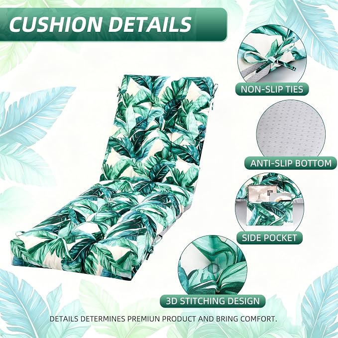 Patio Chaise Lounge Cushions, 68"x21"x4.5" Waterproof Replacement Beach Pool Lawn Outdoor Lounge Chair Cushion with Pocket, Non-Slip Bottom & Secure Ties for Outdoor Furniture, Tequila