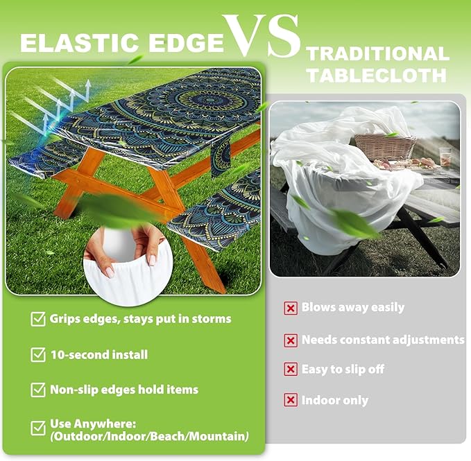 Picnic Table Cover with Bench Covers Vinyl Elastic Edges Fitted Rectangle Seat Tables Waterproof 3-Piece96X30in Set Outdoor Rectangular Folding Backing Tablecloth for Camping Over Size