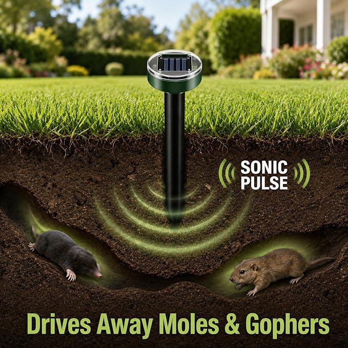 Ultrasonic Mole Repellent Solar Powered, 10 Pack | Mole, Gopher & Vole Repellent, Sonic Burrowing Pest Control, Snake & Groundhog Repellent, Pet Friendly, Outdoor Waterproof