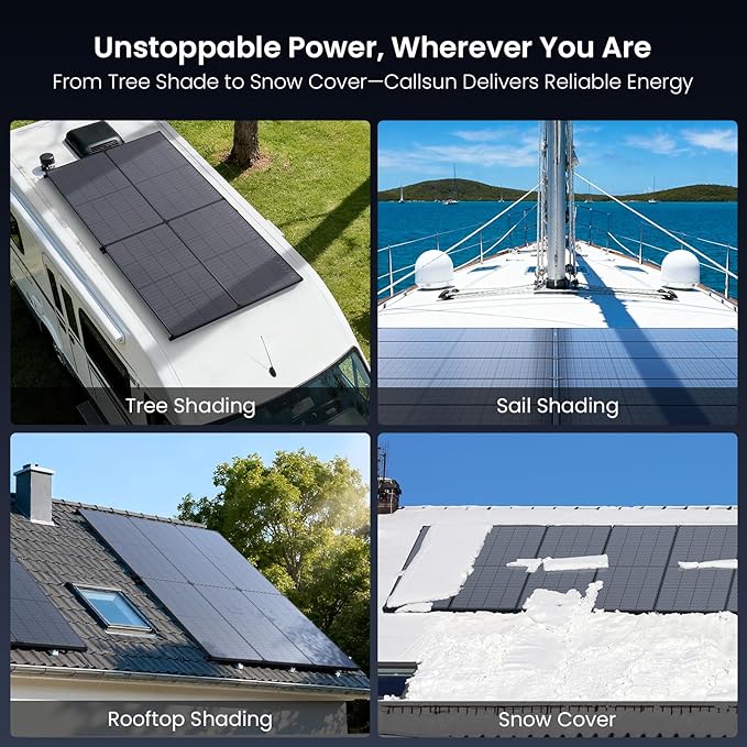 215W Anti-Shading Bifacial Solar Panel,Callsun N-Type 16BB Monocrystalline PV Module, Over 25% High Efficiency,Ideal for 12V System,RV,Marine,Power Station,Off-Grid