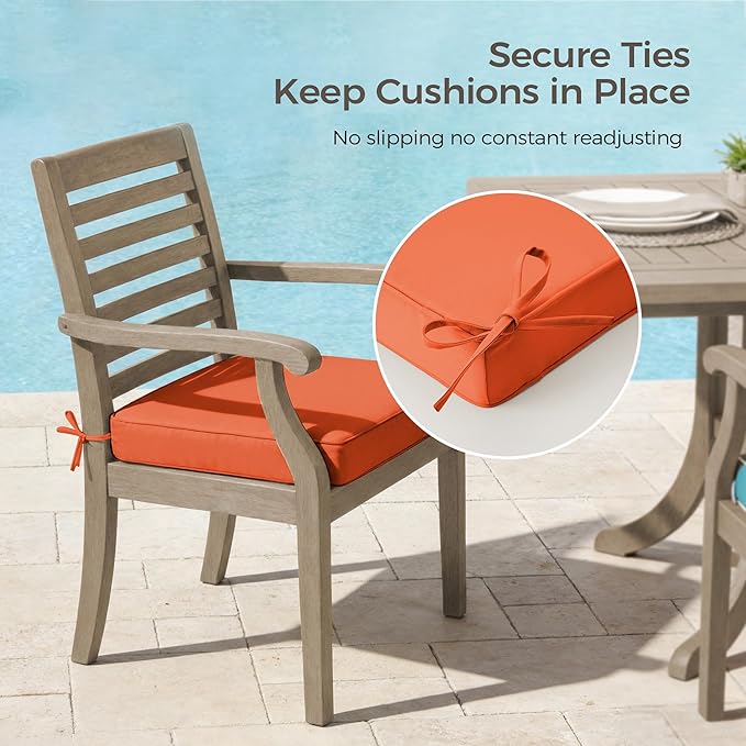 UNIKOME Outdoor Chair Cushions Set of 4, Water Resistant Patio Seat Cushions with Ties for Outdoor Furniture, High-Density Foam, UV & Fade Resistant, Piped Edge – 18.5" x 16" x 3", Orange