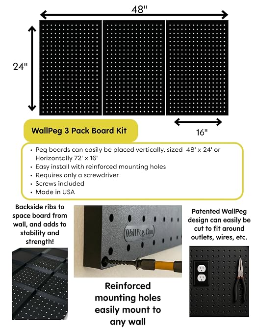 WallPeg Pegboard Kit - 3 ea. 24"x16" Black Peg Boards Panels - Made in USA