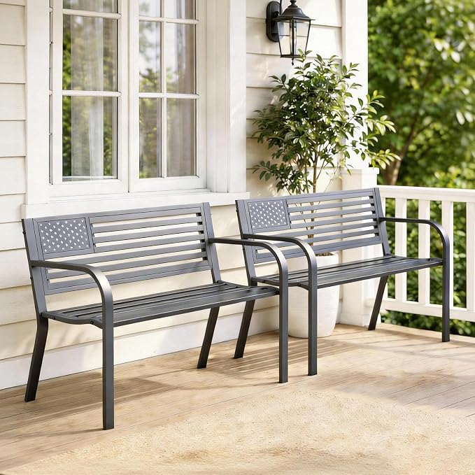 Outdoor Garden Bench with Classic Stars and Stripes Metal Backrest 2 Pack, Metal Bench, 2-Person Patio Bench for Outside Seating, Cast Iron Steel Porch Yard Lawn Furniture, Black