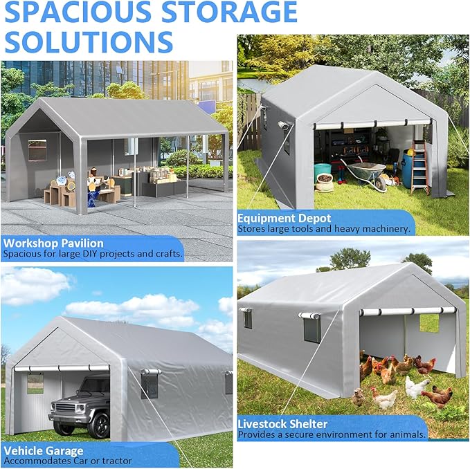 Jocoevol Carport 13x21 FT Enclosed Carport with Roll-up Windows, Portable Garage with Removable Sidewalls & Doors, Car Canopy Tent with Sandbags All-Season Tarp for Car Boat Truck Motorcycle