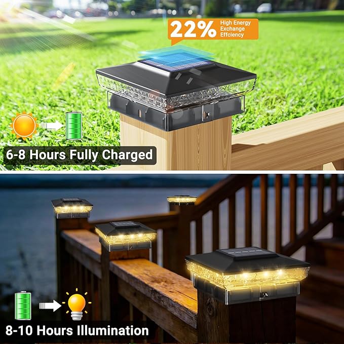 btfarm 2 Pack Solar Post Cap Lights Outdoor, 2 Color Modes 16 LED Fence Post Lights Fit 4x4 3.5x3.5 Wooden/Vinyl, Bright Waterproof Solar Powered Deck Lighting Outside for Patio Porch Garden, Black
