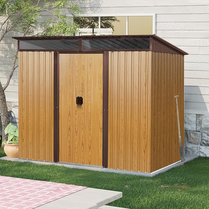 8x6 FT Outdoor Metal Storage Shed, Galvanized Steel Garden Shed, Foundation Frame, Ventilated Tool Storage House, Sloped Roof, Weather Resistant Backyard Shed for Lawn Equipment, Coffee
