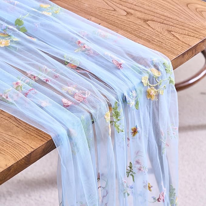 vctops 2 Packs Embroidery Lace Spring Table Runner 10ft Floral Garden Seasonal Tulle Table Runner Holiday Kitchen Dining Table Decoration for Wedding Party Baby Shower Birthday (Blue,30"x120")