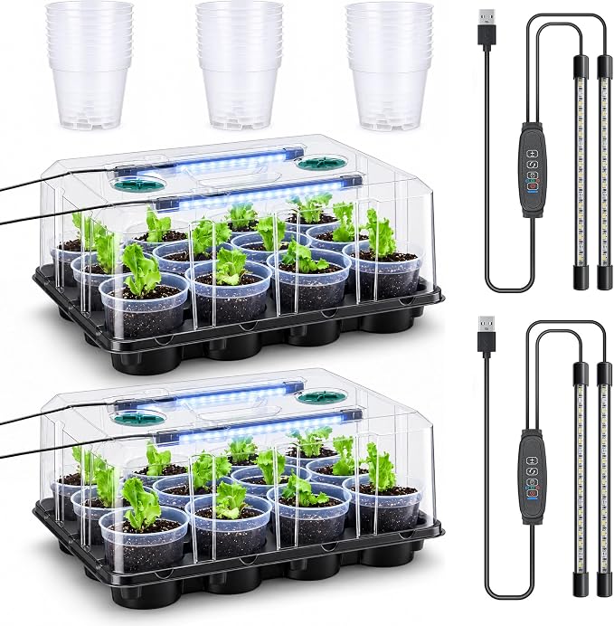 homenote 4 Inch Seed Starter Trays 2 Pack, 12-Cell | With Grow Light, Humidity Dome, 24 Pcs 4" Nursery Pots, Plastic Germination Kit