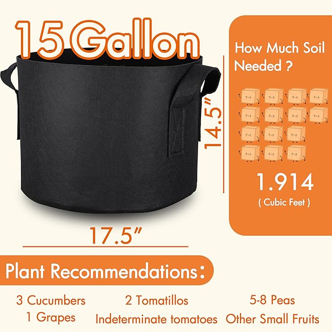 Gardzen 10-Pack 15 Gallon Grow Bags, 300G Thickened Fabric Grow Bags with Handles, Heavy Duty Aeration Plant Grow Bags for Indoor & Outdoor Use