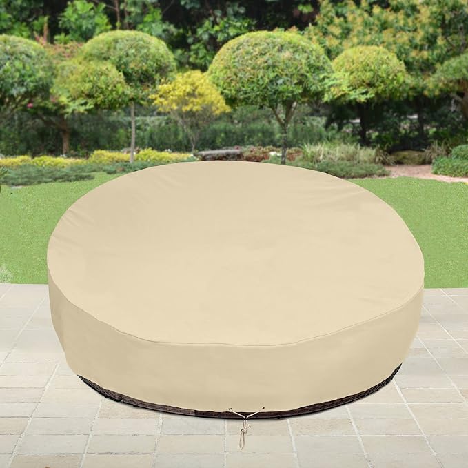 SunPatio Round Patio Daybed Cover 88 Inch, Heavy Duty Waterproof Outdoor Canopy Daybed Sofa Cover with Taped Seam, 85"L × 88"W × 35" /16"H, All Weather Protection, Beige