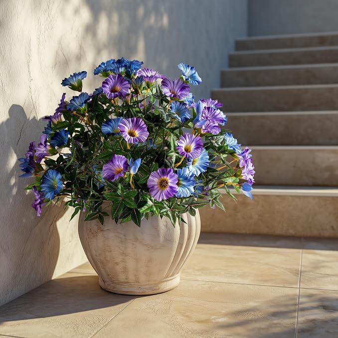 Blue Purple Artificial Morning Glory Flowers for Outdoor Planters, Premium UV Resistant Silk Faux Flowers for Porch, Hanging Basket & Window Box, Cottage Garden Decor, No Pot, 13.3 Inch, 4 Bundles