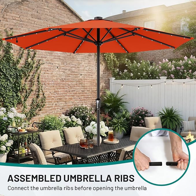 AreShark 11FT Large Patio Umbrella with Solar Lights, Lighted Solar Umbrella with Crank, Outdoor Table Market Umbrellas for Garden, Deck, Backyard, Pool and Beach, Orange