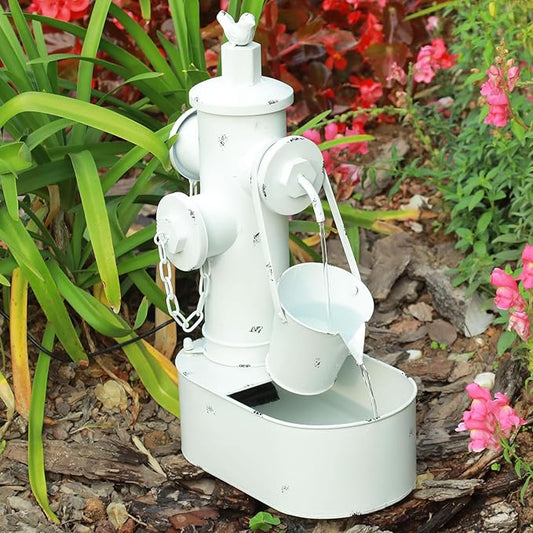 Metal Fire Hydrant Solar Water Fountain with Backup Battery,Solar Powered Water Fountain Outdoor,Solar Fountain Bird Bath for Garden, Patio & Yard Decor,Working at Night for at Least 6 Hours (White)