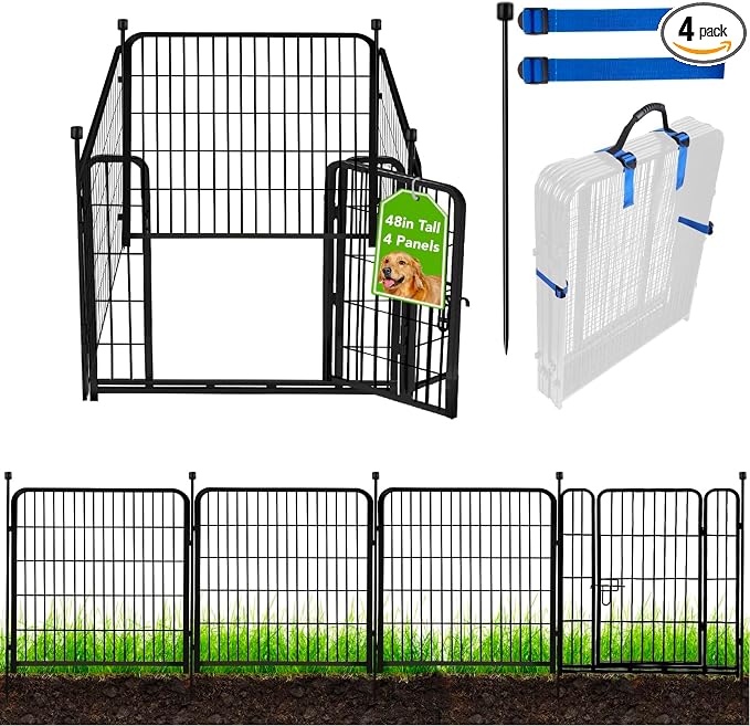 ADAVIN Tall Garden Fence with Gate, 48 in(H) 4 Panels Heavy Duty Iron Metal Fencing Border, Indoor or Outdoor Dog Playpen, Animal Barrier Fence, No Dig Fencing for Yard, Total 8.9 FT(L), Black