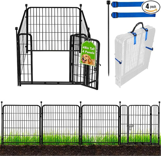 ADAVIN Tall Garden Fence with Gate, 48 in(H) 4 Panels Heavy Duty Iron Metal Fencing Border, Indoor or Outdoor Dog Playpen, Animal Barrier Fence, No Dig Fencing for Yard, Total 8.9 FT(L), Black