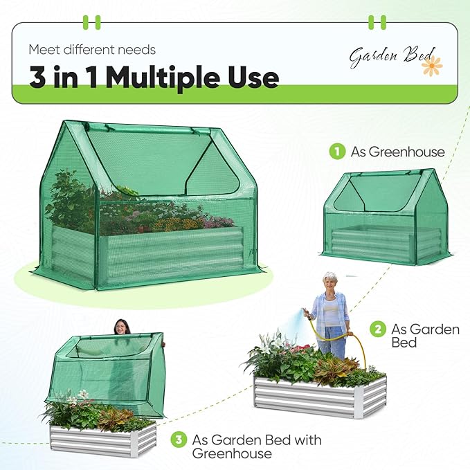 Quictent Raised Garden Bed with Cover Outdoor Galvanized Steel Planter Box Kit with Greenhouse Large Zipper Window Dual Use, 20pcs T-Type Tags & 1 Pair of Gloves Included 4x2.5x1 FT, Green