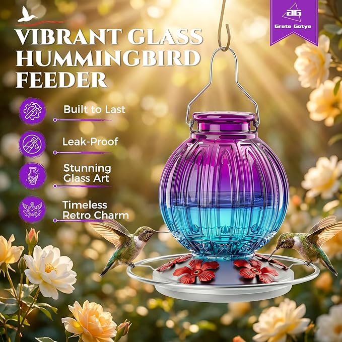 2 Pack Glass Hummingbird Feeder for Outdoors Hanging, Bird Nectar Feeder with Perch & 5 Flower Feeding Ports, 26 Oz Leak Proof for Outside Garden Decor Backyard, Gifts for Women Mom, Red + Purple Blue