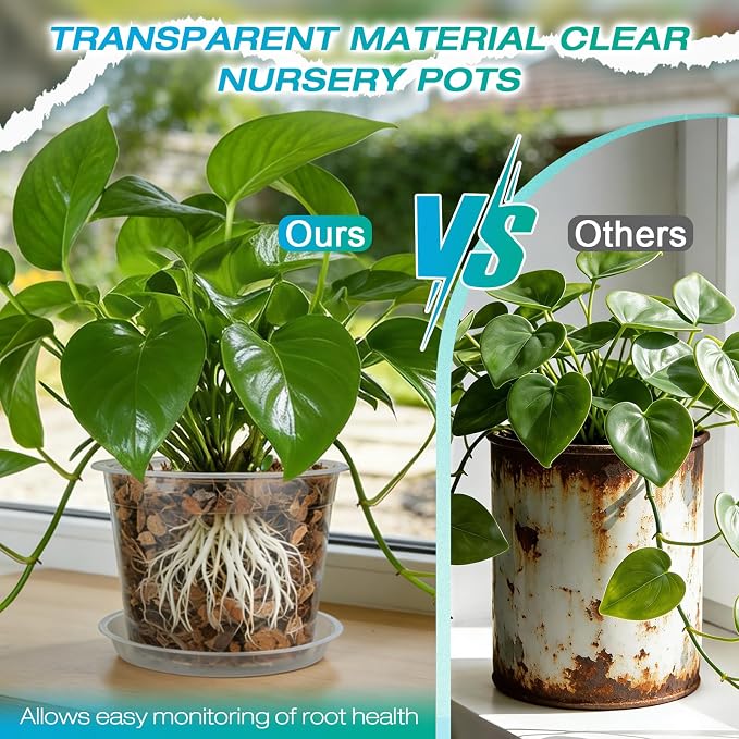 10 Inch Clear Nursery Pots with Drainage and Sacuers, 4 Pack Plastic Pots for Plants Indoor Outdoor, Large Clear Pots for Flowers, Succulents (10inx4pcs)