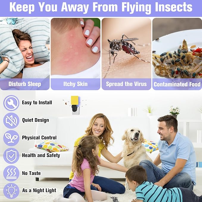 Flying Insect Trap Plug-in, Indoor Mosquito & Gnat Killer, Safe Non-Toxic UV Light Fly Catcher, Night Light Bug Trap with Sticky Pad for Flies, Gnats, Moths (1 Pack, Deep Black)