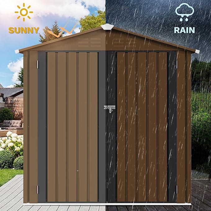 DWVO 6x4ft Small Tool Storage Shed, Lockable Doors, and Sloped Roof, Oversized Steel Outdoor Storage Shed for Garden, Patio, Garage, Backyard, Lawn - Brown