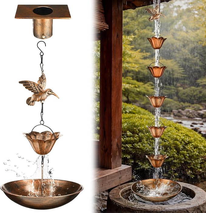 MorningRo Brass 8.5ft Rain Chains for Gutters Outside with Anchor Basin 12 Cups Rain Chain Catcher Downspout Replacement Adjustable Metal Garden Rainwater Divert for Eaves Drainage (Hummingbird)