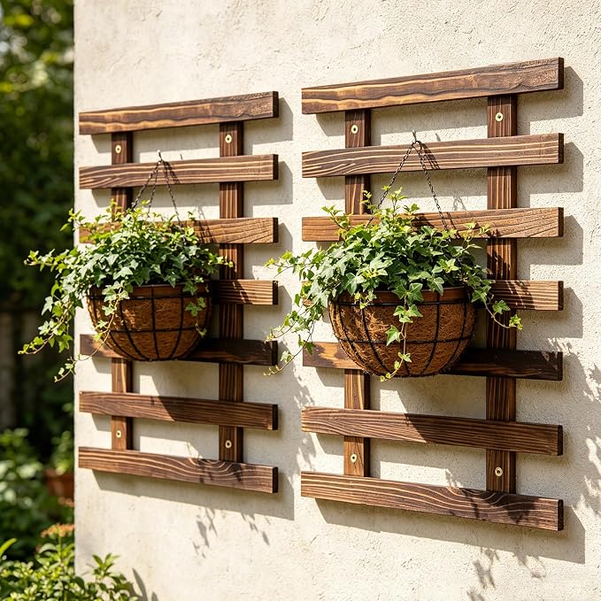 2 Pcs Wall Planter for Indoor Outdoor Plants - Wooden Wall Amounted Plant Holder for Hanging Pots, Vertical Pack Wood Garden Trellis for Climbing Plants Orchid Ivy Vine Rose Patio Home Decor, 15.75"