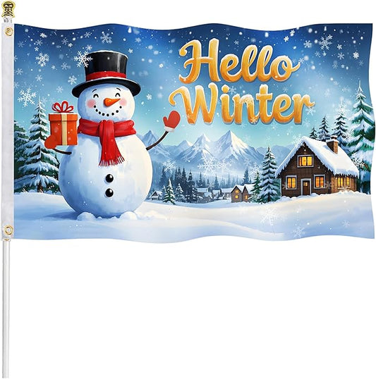 3x5ft Hello Winter Flag – Double-Sided Christmas Yard Flag with 2 Brass Grommets & White Sleeve, Outdoor Holiday Decoration for Garden, Porch, and Patio